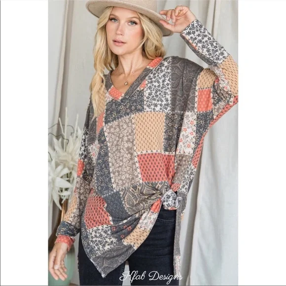 LAST 2! V Neck Patchwork Relaxed Fit Side Slit Detail Top! - Picture 1 of 8